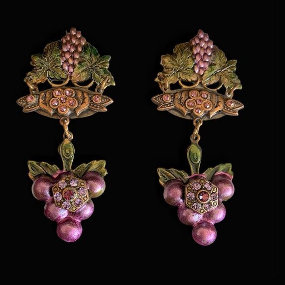 Vtg Banana Bob Fruit of the vine theme enamel grape dangle earrings pierced - Picture 10 of 14